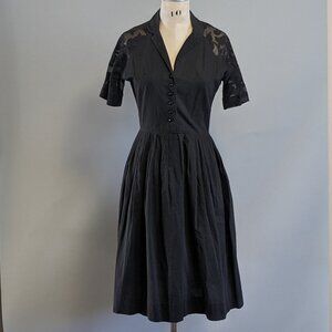 Vintage 1950s Handmade Black Cotton and Lace Shirtwaist Dress Size Small Medium